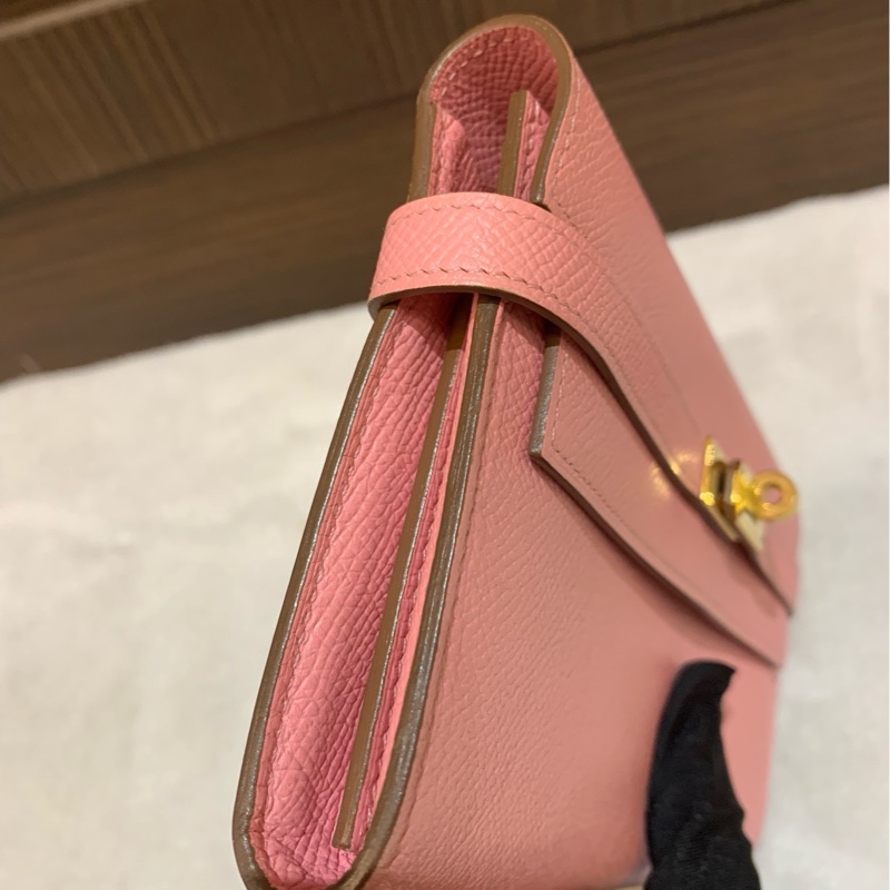 Hermes愛馬仕櫻花粉金扣Kelly長款錢包-4