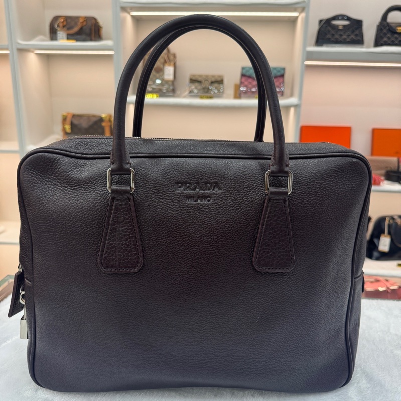 PRADA普拉達全皮手提公文包電腦包 尺寸36x9x28 無附件-0
