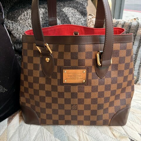 LV咖色拚紅棋盤格托特包