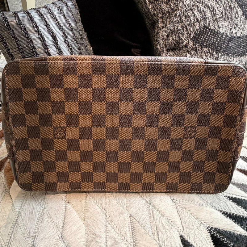 LV咖色拚紅棋盤格托特包-4