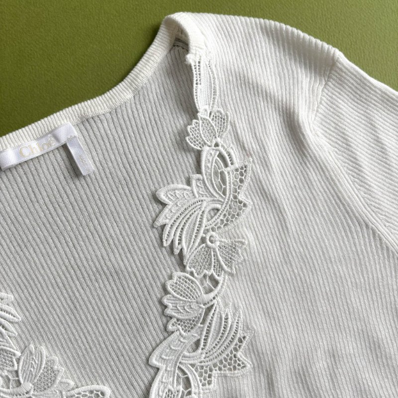 M號::Chloe:: Floral Guipure Lace V-Neck Fitted Top 白色蕾絲V領邊 合身上衣-4
