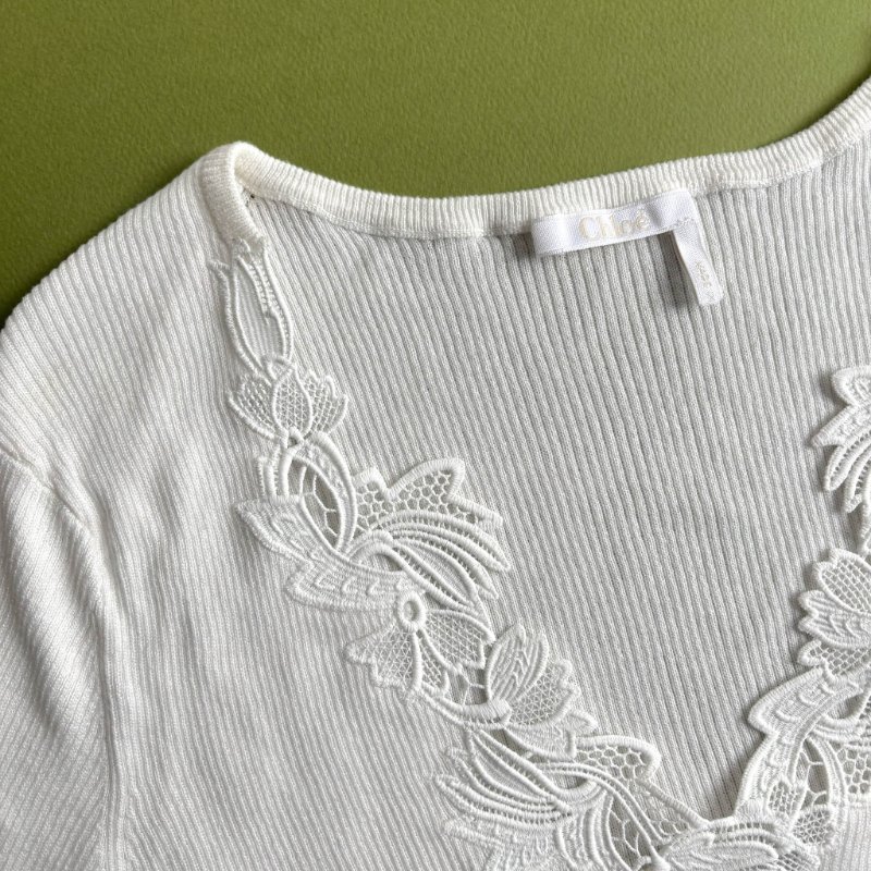 M號::Chloe:: Floral Guipure Lace V-Neck Fitted Top 白色蕾絲V領邊 合身上衣-6