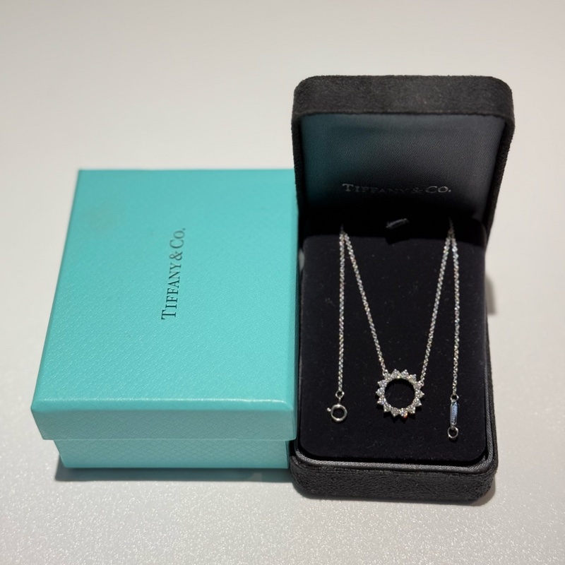 Tiffany蒂芙尼鉑金pt950鏤空滿鑽圈形太陽花項鍊-0