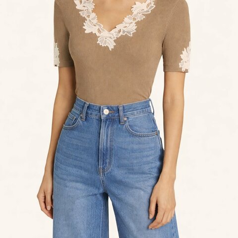 M號::Chloe:: Floral Guipure Lace V-Neck Fitted Top 墨綠色蕾絲V領邊 合身上衣