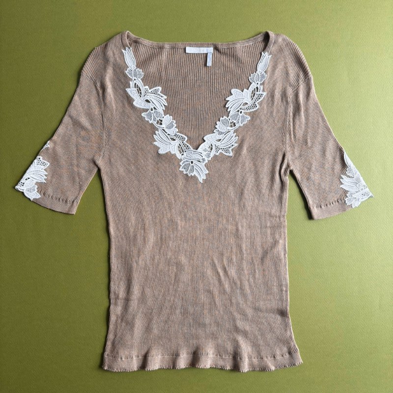M號::Chloe:: Floral Guipure Lace V-Neck Fitted Top 墨綠色蕾絲V領邊 合身上衣-1