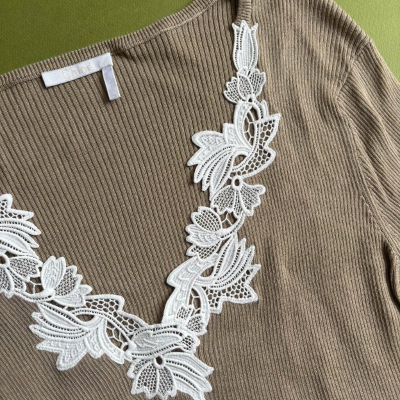 M號::Chloe:: Floral Guipure Lace V-Neck Fitted Top 墨綠色蕾絲V領邊 合身上衣-3