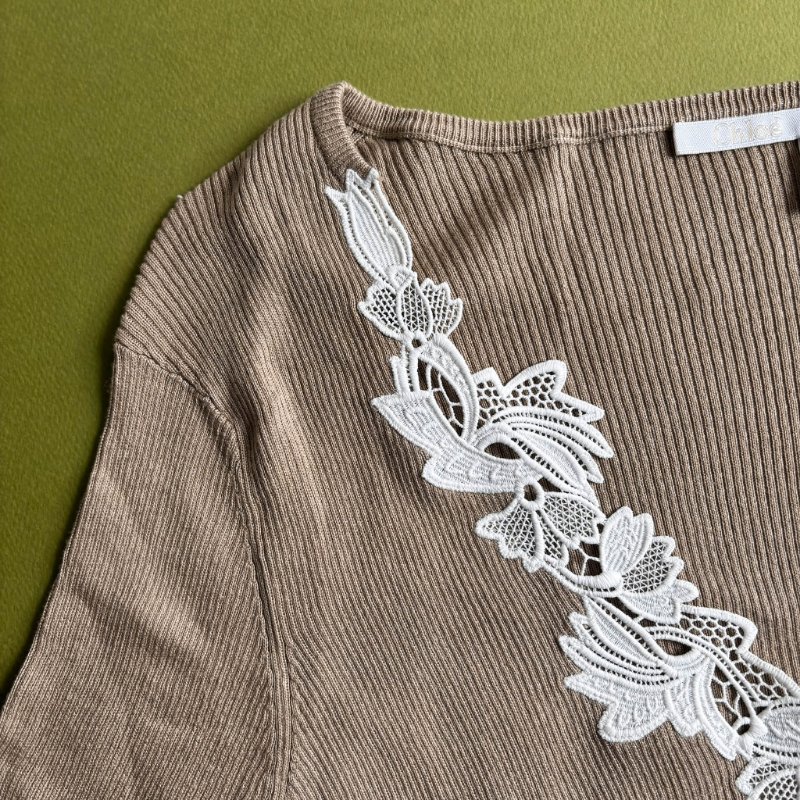 M號::Chloe:: Floral Guipure Lace V-Neck Fitted Top 墨綠色蕾絲V領邊 合身上衣-4