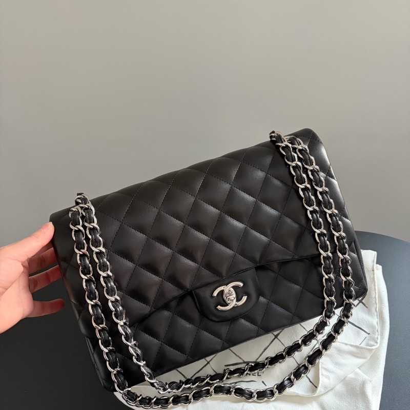 Chanel 香奈兒 黑銀羊皮 CF jumbo 18開有卡 好成色 包型好 尺寸30*20-2