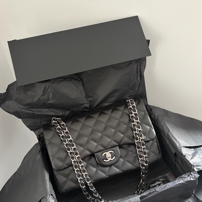 Chanel 香奈兒 黑銀羊皮 CF jumbo 18開有卡 好成色 包型好 尺寸30*20-3