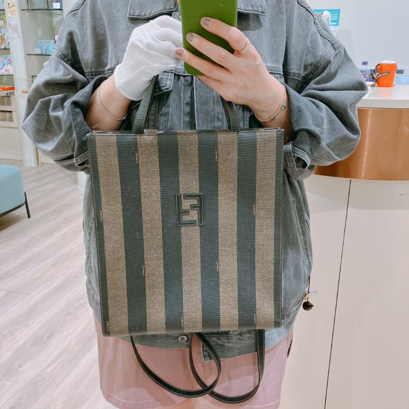 TK1980 芬廸 背包吧/肩背包/斜背包/多功能/王吉娜古董 Vintage PVC Pecan Backpack Canvas Brown #No Number-17