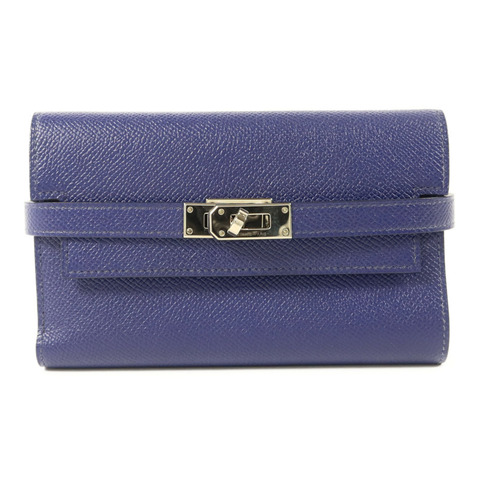 HERMES Epsom皮革Kelly Wallet銀扣錢包Bleu Encre