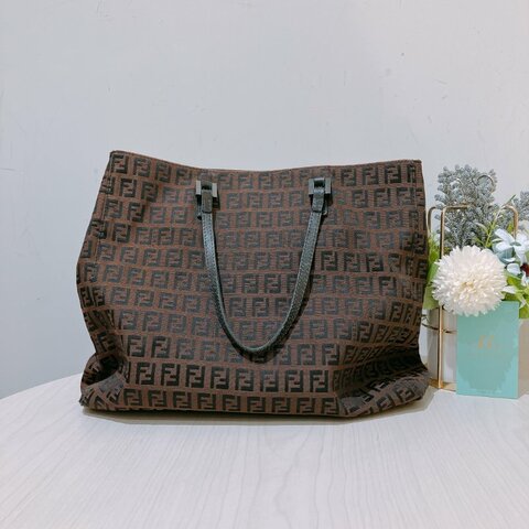 TK1982	芬廸 中古 手提包  Fendi Vintage Small Zucchino Tote Bag Canvas Brown