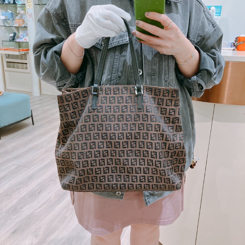 TK1982	芬廸 中古 手提包  Fendi Vintage Small Zucchino Tote Bag Canvas Brown-1