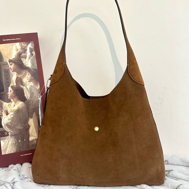 【全新】COACH Brooklyn 34 金色字母壓印牛剖層革 單肩包 中號啡色（麂皮）-4