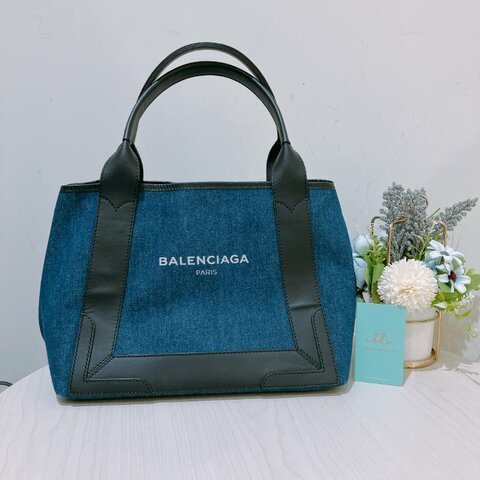 TK1984	 巴黎世家 牛仔布拼牛皮 手提袋  Balenciaga Cabas  S Tote Bag Denim Navy x Black