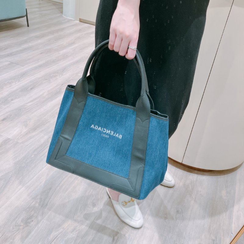 TK1984	 巴黎世家 牛仔布拼牛皮 手提袋  Balenciaga Cabas  S Tote Bag Denim Navy x Black-1