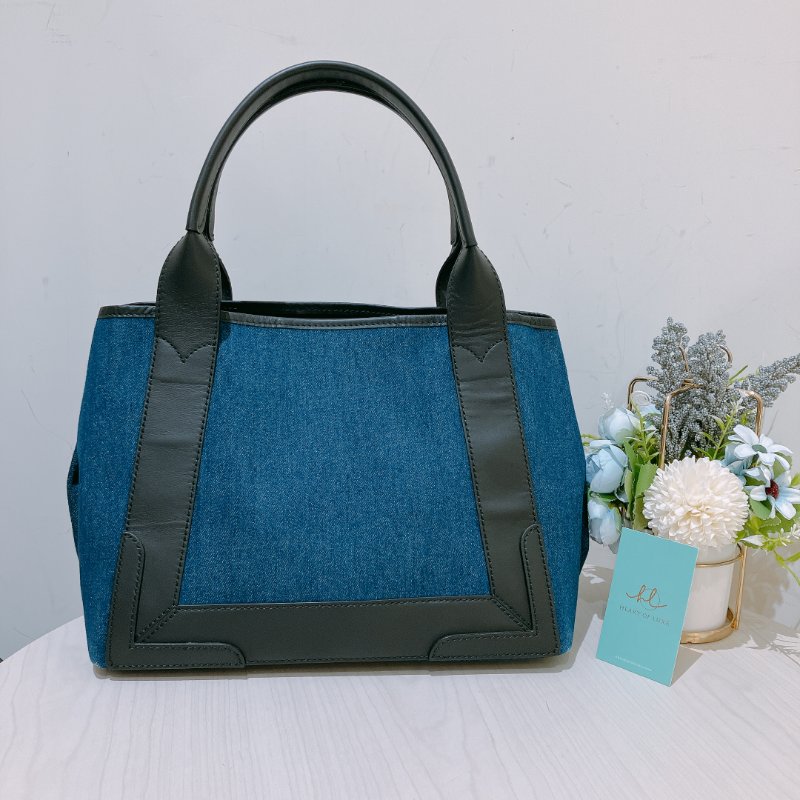TK1984	 巴黎世家 牛仔布拼牛皮 手提袋  Balenciaga Cabas  S Tote Bag Denim Navy x Black-2