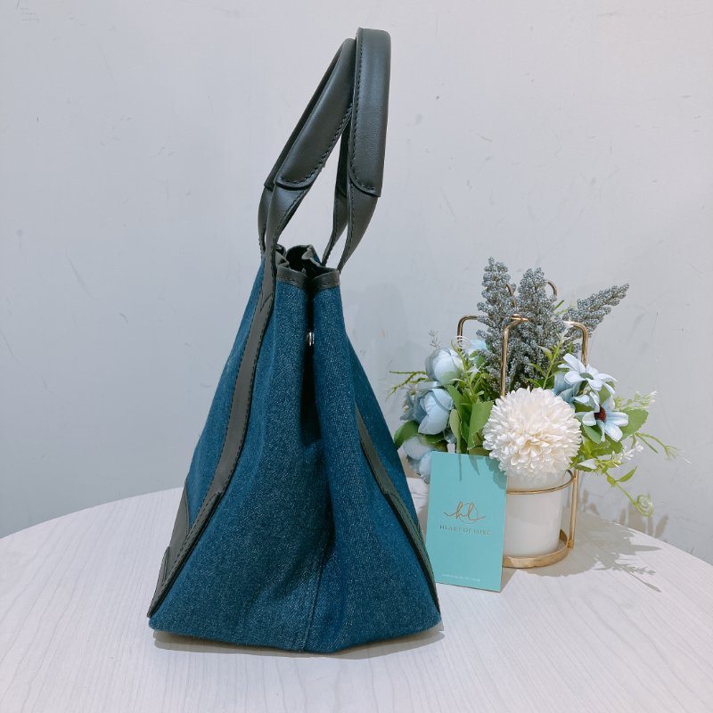 TK1984	 巴黎世家 牛仔布拼牛皮 手提袋  Balenciaga Cabas  S Tote Bag Denim Navy x Black-3