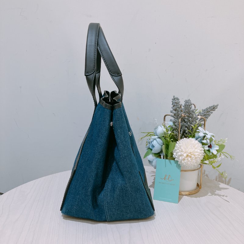 TK1984	 巴黎世家 牛仔布拼牛皮 手提袋  Balenciaga Cabas  S Tote Bag Denim Navy x Black-4
