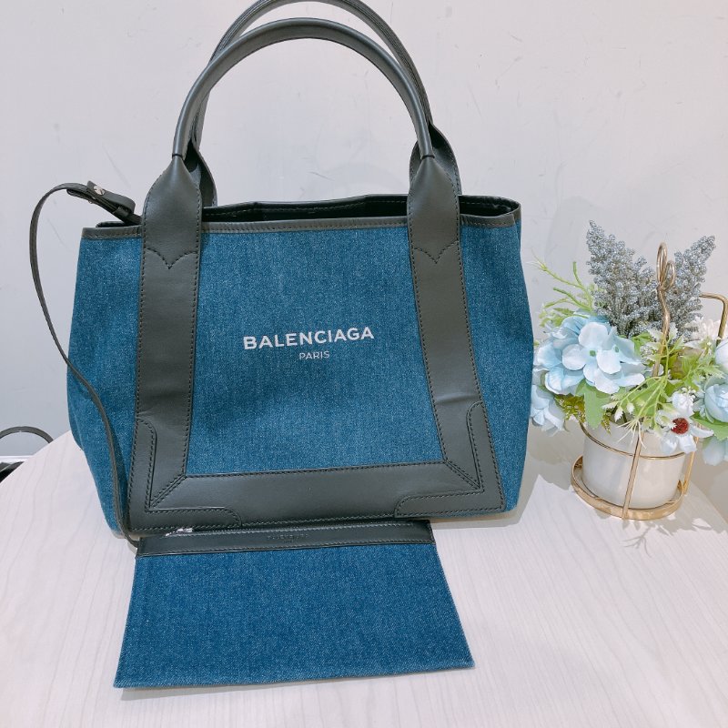 TK1984	 巴黎世家 牛仔布拼牛皮 手提袋  Balenciaga Cabas  S Tote Bag Denim Navy x Black-11