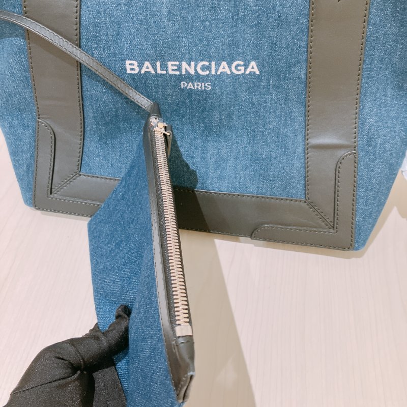 TK1984	 巴黎世家 牛仔布拼牛皮 手提袋  Balenciaga Cabas  S Tote Bag Denim Navy x Black-12