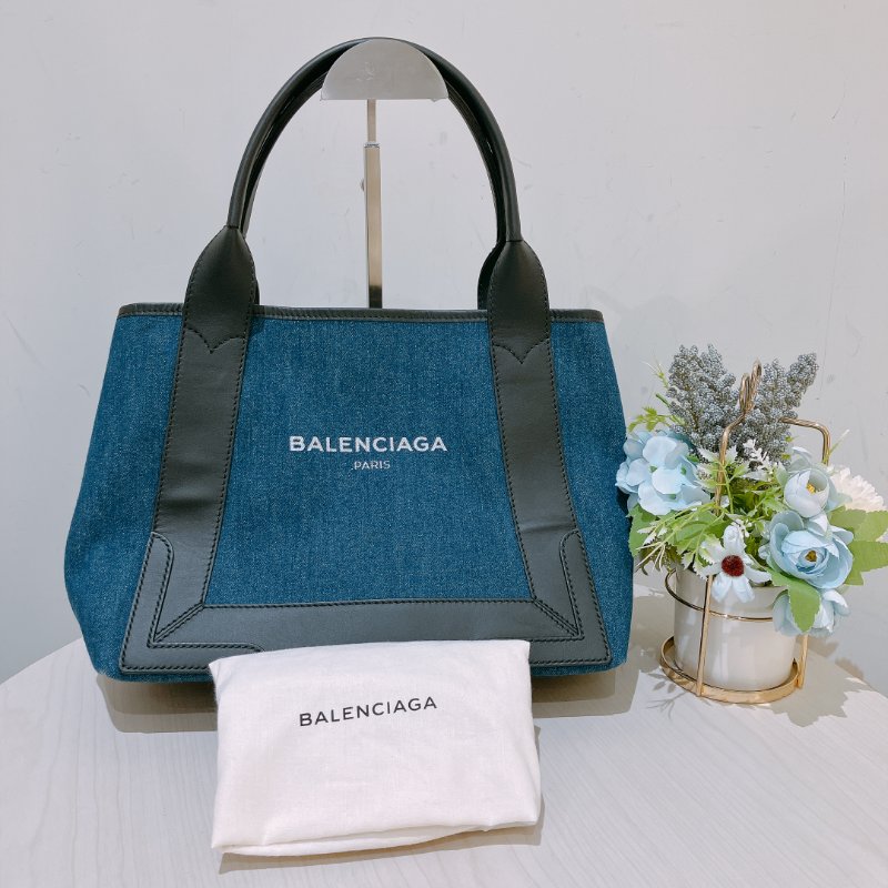 TK1984	 巴黎世家 牛仔布拼牛皮 手提袋  Balenciaga Cabas  S Tote Bag Denim Navy x Black-13