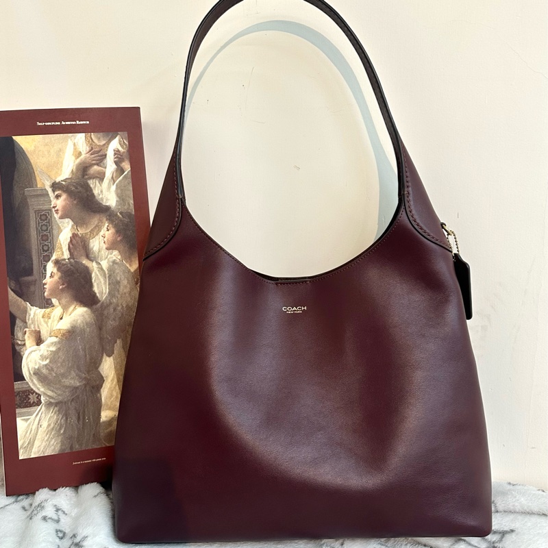 【全新】COACH Brooklyn 34 字母吊飾金色牛皮單肩包 中號 酒紅色-0