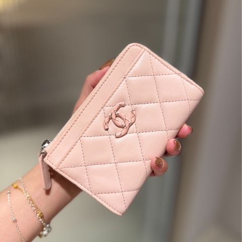 chanel 香奈兒 櫻花粉 信用卡卡夾 L拉 卡夾 皮夾 短夾 錢包 零錢包