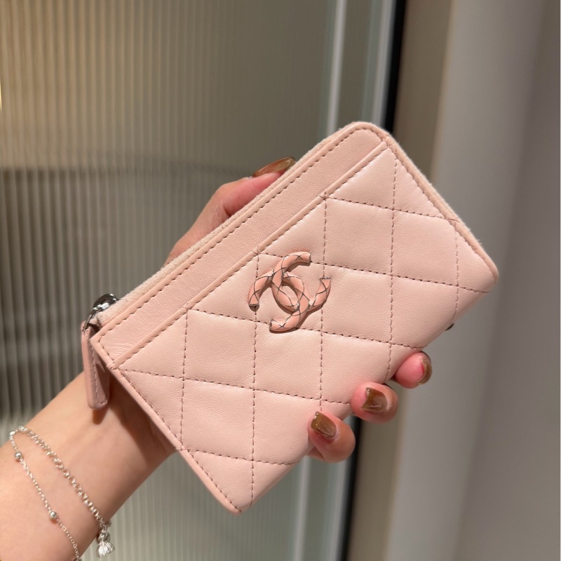 chanel 香奈兒 櫻花粉 信用卡卡夾 L拉 卡夾 皮夾 短夾 錢包 零錢包-1