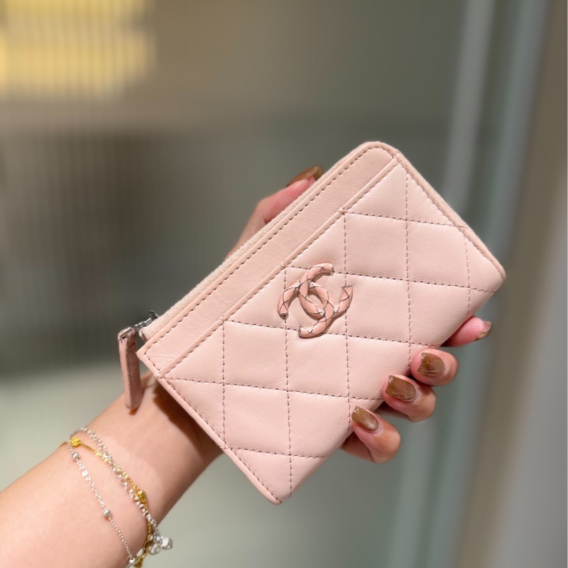 chanel 香奈兒 櫻花粉 信用卡卡夾 L拉 卡夾 皮夾 短夾 錢包 零錢包-3