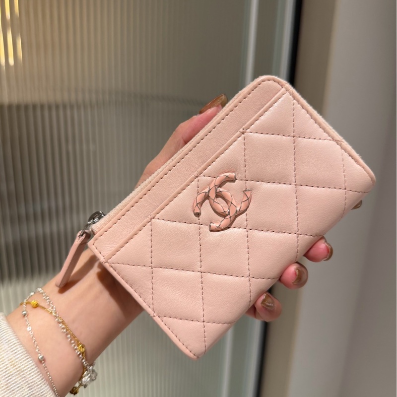chanel 香奈兒 櫻花粉 信用卡卡夾 L拉 卡夾 皮夾 短夾 錢包 零錢包-6