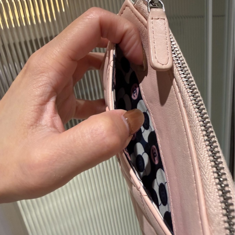 chanel 香奈兒 櫻花粉 信用卡卡夾 L拉 卡夾 皮夾 短夾 錢包 零錢包-8