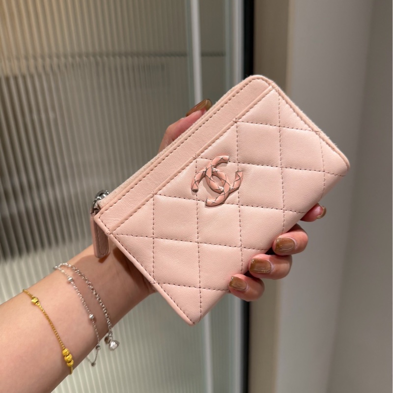 chanel 香奈兒 櫻花粉 信用卡卡夾 L拉 卡夾 皮夾 短夾 錢包 零錢包-11