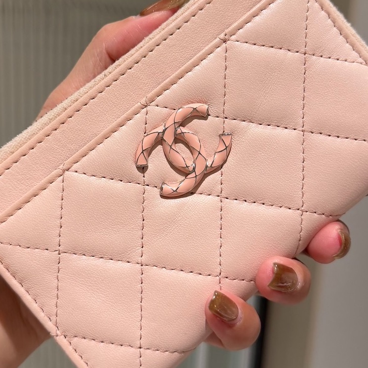 chanel 香奈兒 櫻花粉 信用卡卡夾 L拉 卡夾 皮夾 短夾 錢包 零錢包-16