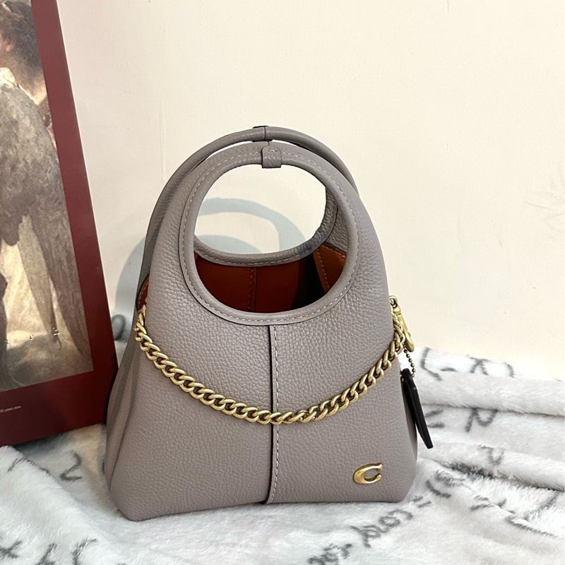 【全新】COACH Lana 19品牌徽標可拆卸鏈條帶 拋光鵝卵石紋皮革 單肩斜挎手提包 小號 small 灰色-0
