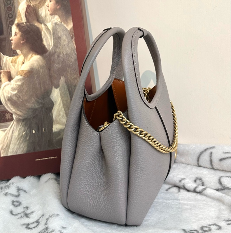 【全新】COACH Lana 19品牌徽標可拆卸鏈條帶 拋光鵝卵石紋皮革 單肩斜挎手提包 小號 small 灰色-1