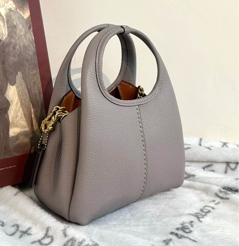 【全新】COACH Lana 19品牌徽標可拆卸鏈條帶 拋光鵝卵石紋皮革 單肩斜挎手提包 小號 small 灰色-2