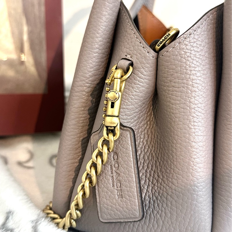 【全新】COACH Lana 19品牌徽標可拆卸鏈條帶 拋光鵝卵石紋皮革 單肩斜挎手提包 小號 small 灰色-3