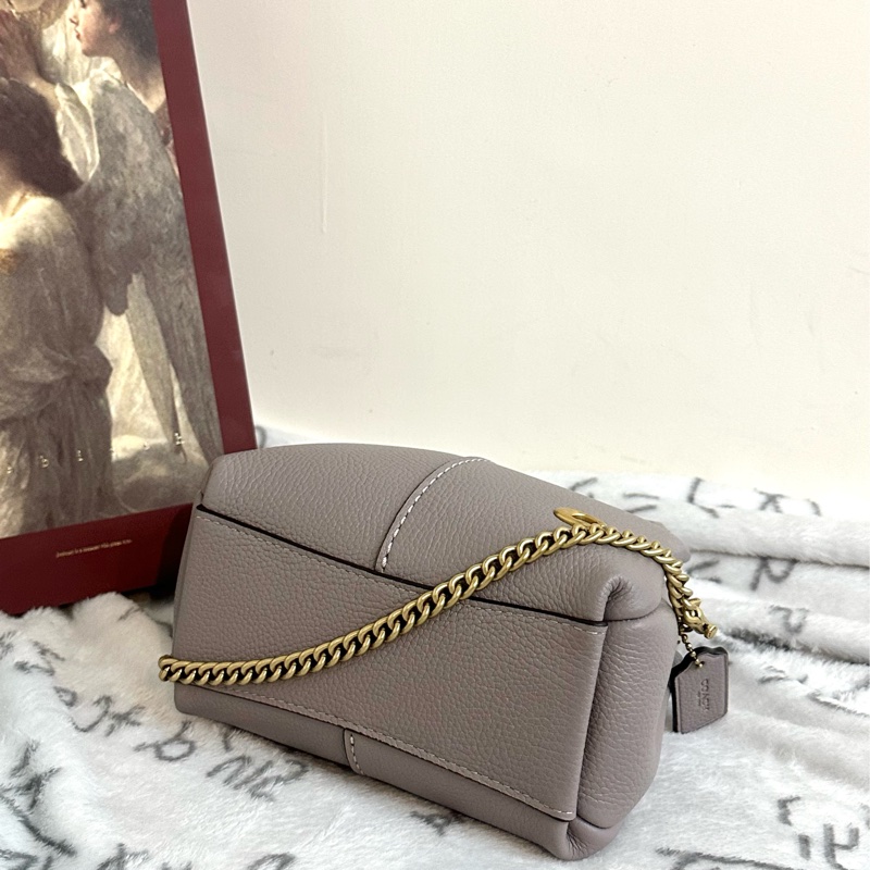 【全新】COACH Lana 19品牌徽標可拆卸鏈條帶 拋光鵝卵石紋皮革 單肩斜挎手提包 小號 small 灰色-4