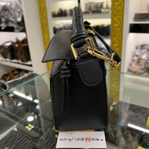 東區正精品㊣LOEWE PUZZLE 黑色小牛皮銀扣拼接幾何拼圖編織手把手提肩背斜背包兩用包小款 RZ6322-1