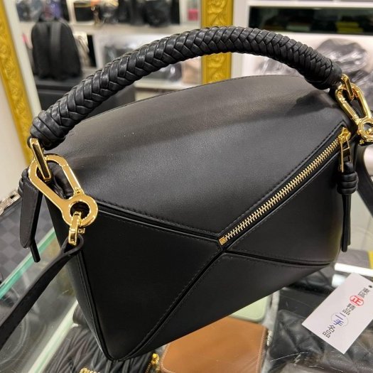 東區正精品㊣LOEWE PUZZLE 黑色小牛皮銀扣拼接幾何拼圖編織手把手提肩背斜背包兩用包小款 RZ6322-6