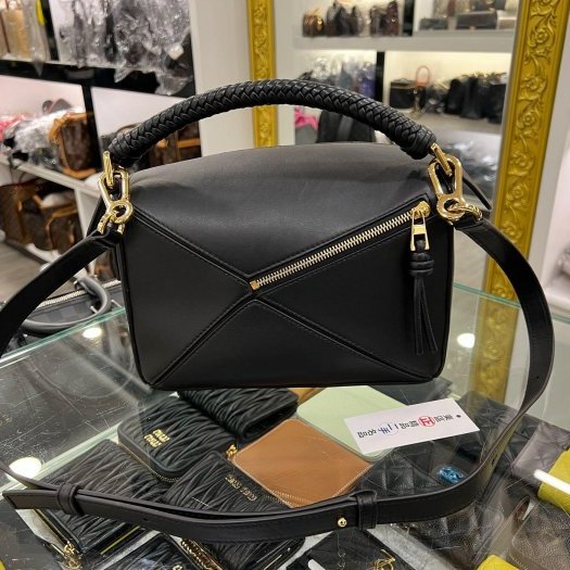 東區正精品㊣LOEWE PUZZLE 黑色小牛皮銀扣拼接幾何拼圖編織手把手提肩背斜背包兩用包小款 RZ6322-7