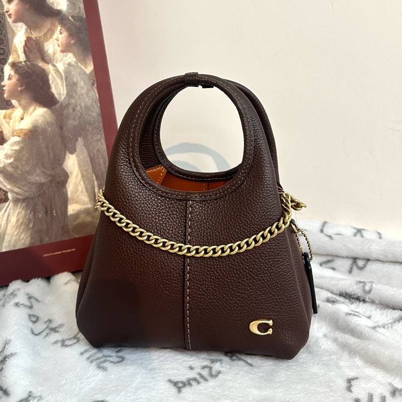 【全新】COACH Lana 19品牌徽標可拆卸鏈條帶 拋光鵝卵石紋皮革 單肩斜挎手提包 小號 small 楓葉棕-0