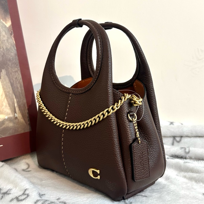 【全新】COACH Lana 19品牌徽標可拆卸鏈條帶 拋光鵝卵石紋皮革 單肩斜挎手提包 小號 small 楓葉棕-2