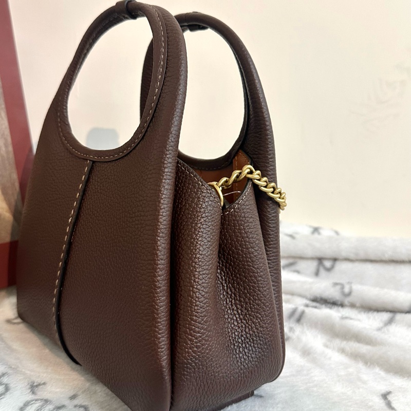 【全新】COACH Lana 19品牌徽標可拆卸鏈條帶 拋光鵝卵石紋皮革 單肩斜挎手提包 小號 small 楓葉棕-3