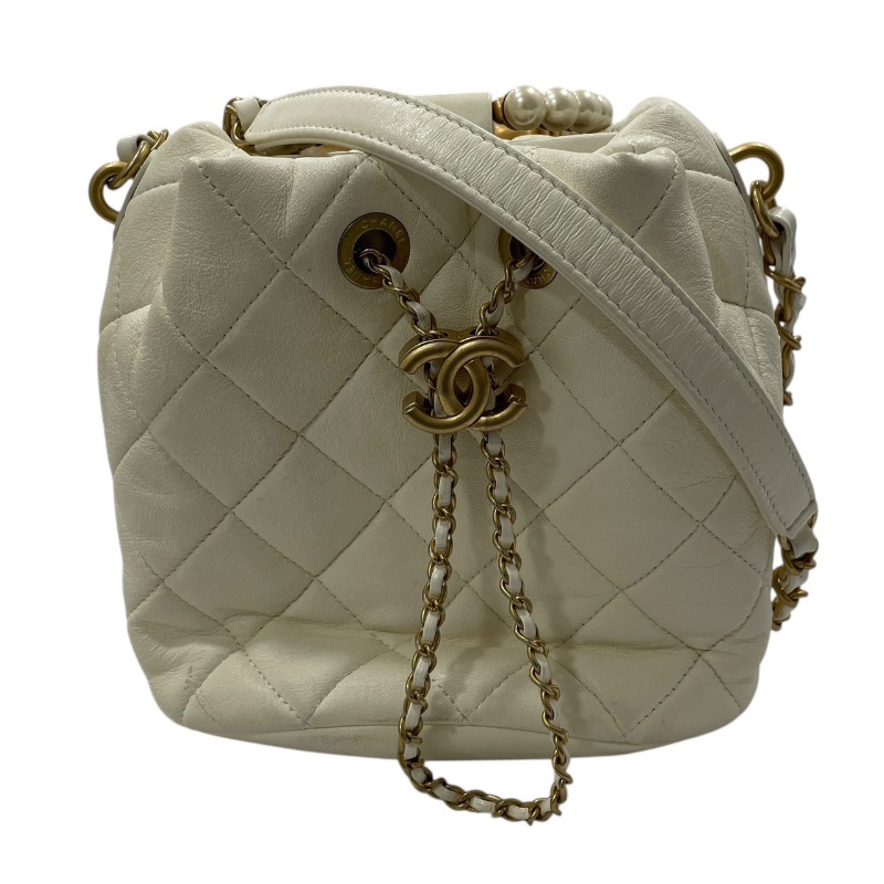 CHANEL 香奈兒 珍珠手把 水桶包 皮革 白色 金釦-0