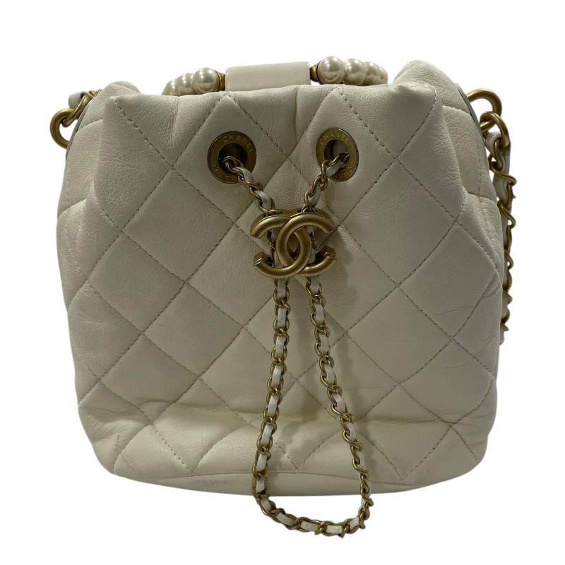 CHANEL 香奈兒 珍珠手把 水桶包 皮革 白色 金釦-1