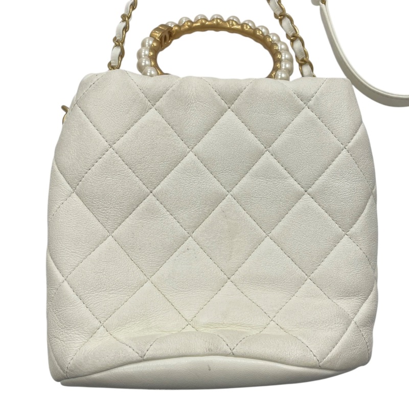 CHANEL 香奈兒 珍珠手把 水桶包 皮革 白色 金釦-2