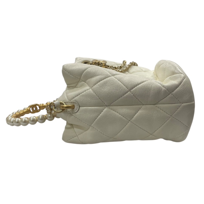 CHANEL 香奈兒 珍珠手把 水桶包 皮革 白色 金釦-3