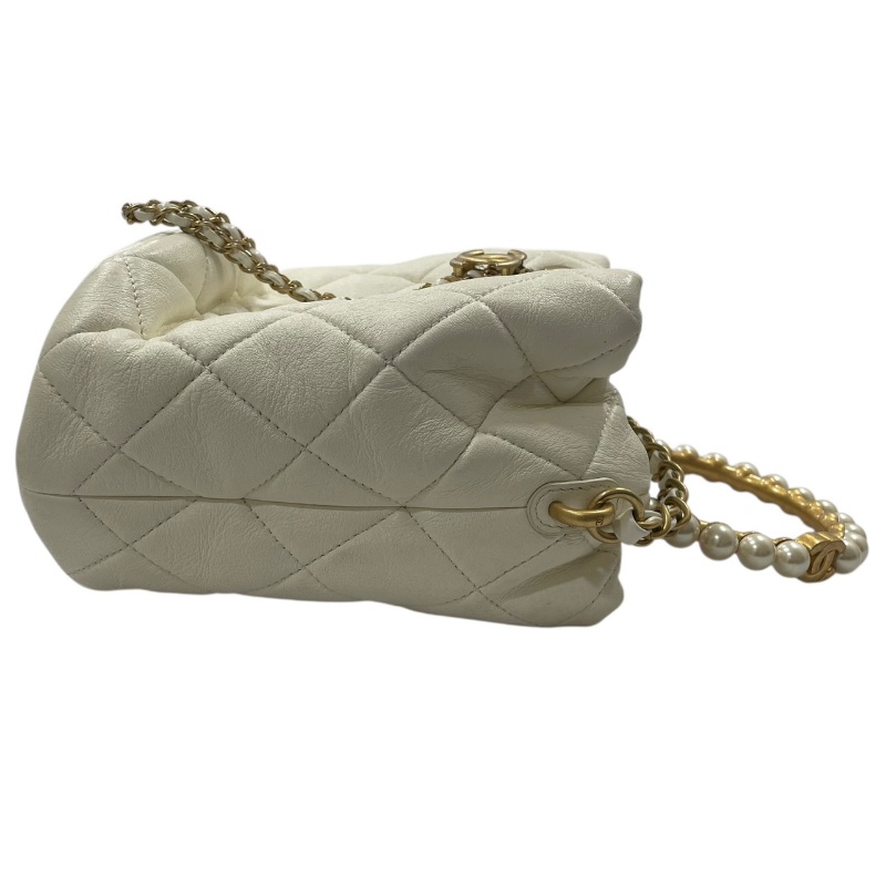 CHANEL 香奈兒 珍珠手把 水桶包 皮革 白色 金釦-4